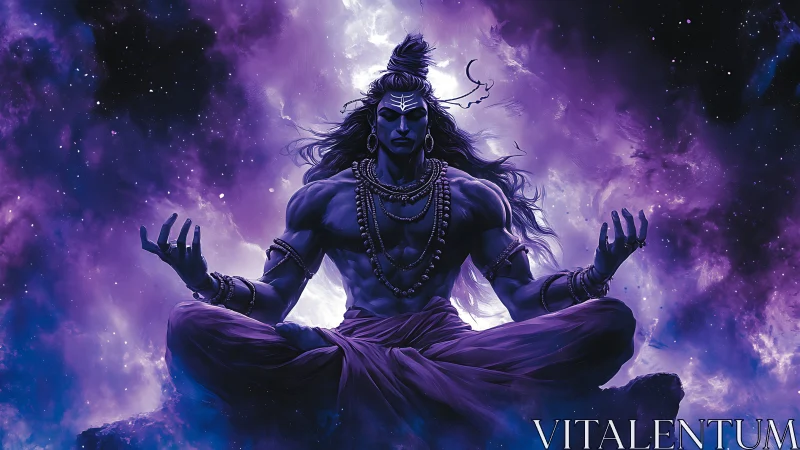 Cosmic meditating deity under swirling violet nebula.