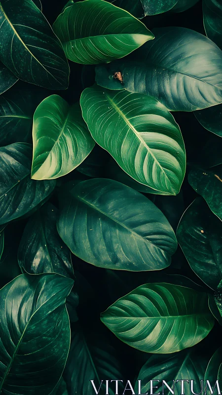 Deep green leaf tapestry with quiet jungle stillness.