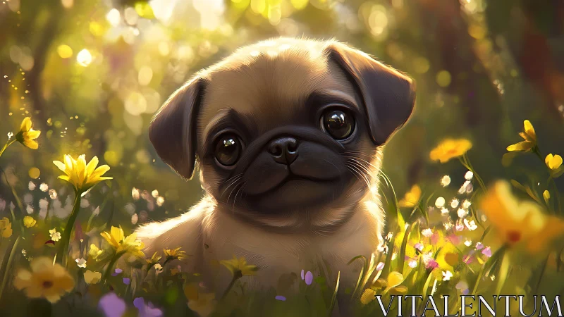 Digital painting of pug puppy in luminous spring meadow.
