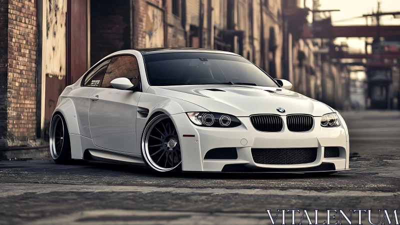 Stanced white BMW coupe with widebody kit in urban alleyway