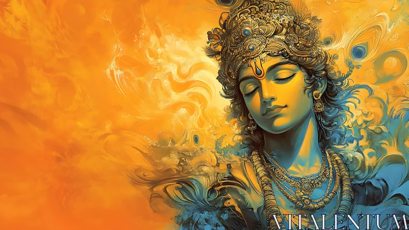 Ornate blue-hued deity portrait in swirling orange-gold nebula