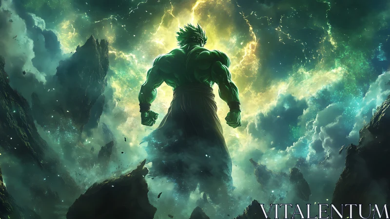 Green muscular figure stands amid fragmented cosmic landscape