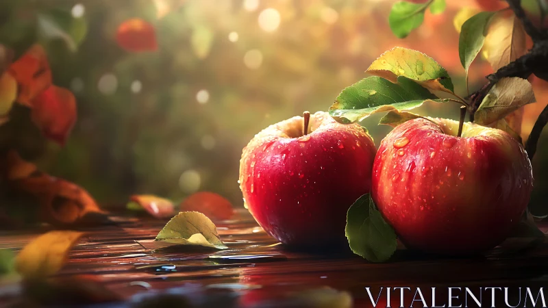 Sunlit autumn apples glisten with fresh morning dew.