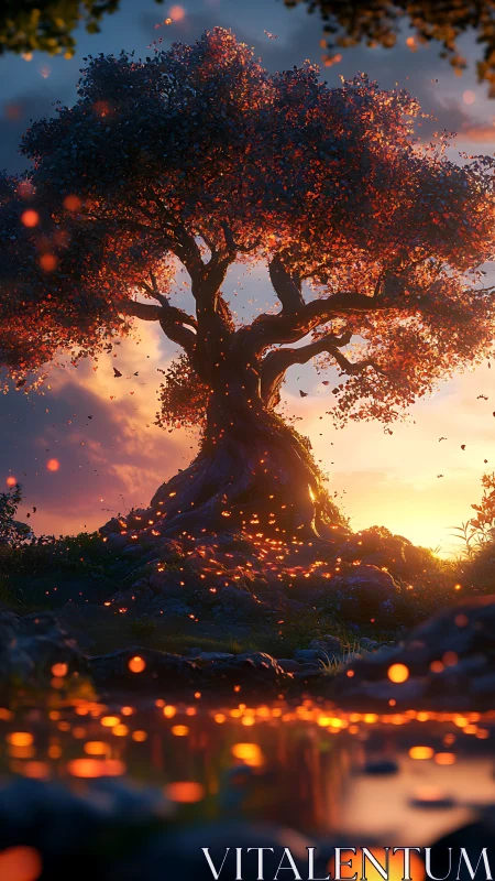 Enchanted firefly tree glows warmly above a twilight pond