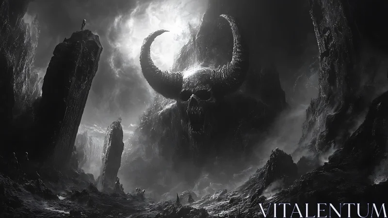 Colossal horned skull looms over storm-lashed obsidian wasteland.