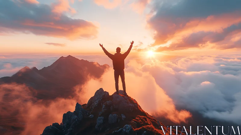 Silhouetted hiker celebrates sunrise above glowing cloud sea