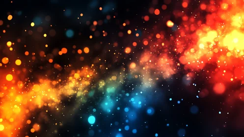 Colorful bokeh particles form radiant diagonal light stream
