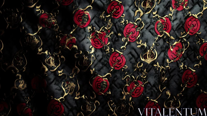 Crimson Roses Dance Through Quilted Midnight Silk.
