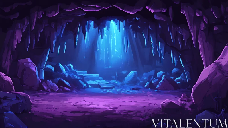 Hidden crystal cavern glows with gentle blue and violet light
