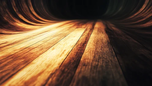 Curved wooden tunnel interior shows illuminated floor planks