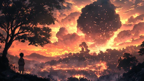 Solitary anime figure observing incendiary valley at sunset