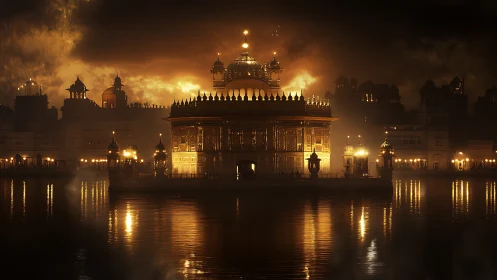 Golden temple glows against stormy dusk sky over still water