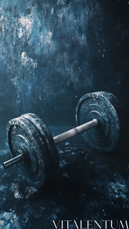 Iron barbell waits in moody blue grit-soaked training void.