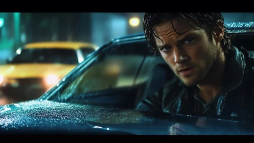 Moody driver in rain-soaked city street, cinematic portrait.
