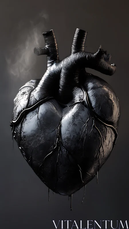 Molten obsidian heart suspended in quiet industrial dusk.