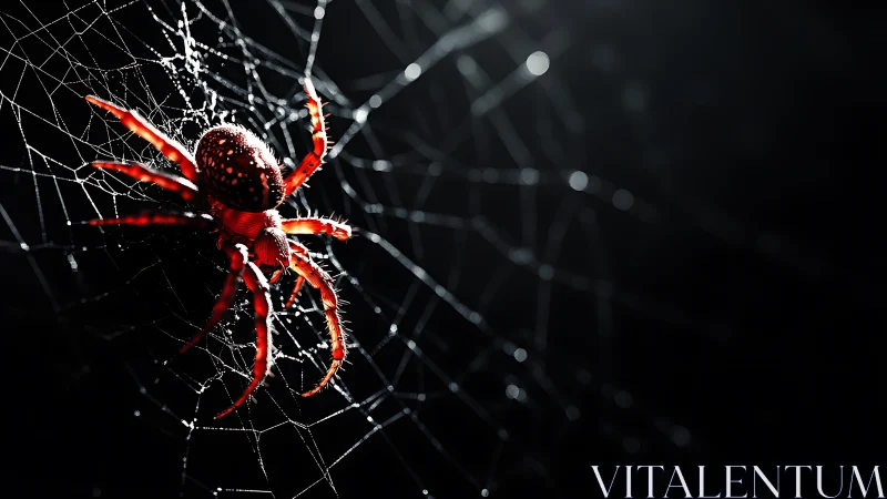 Crimson spider poised on dewy web in stark low-key light.