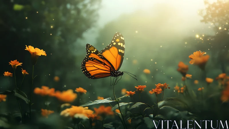 Monarch butterfly in backlit meadow with orange wildflowers