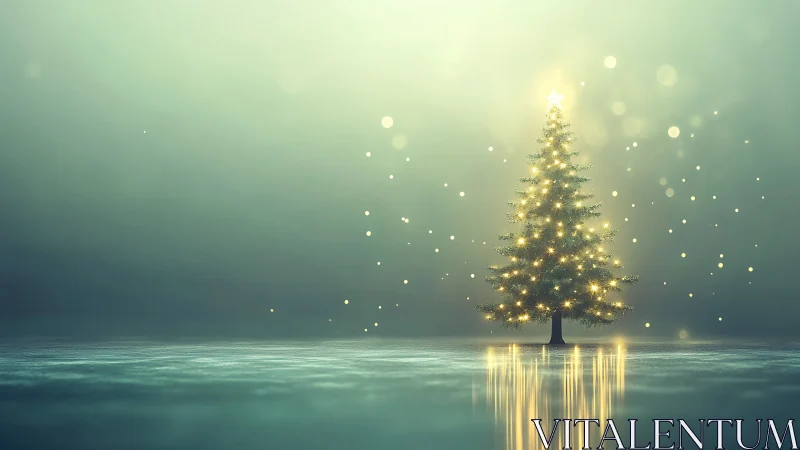 Luminous Christmas tree on reflective winter plane, digital painting.