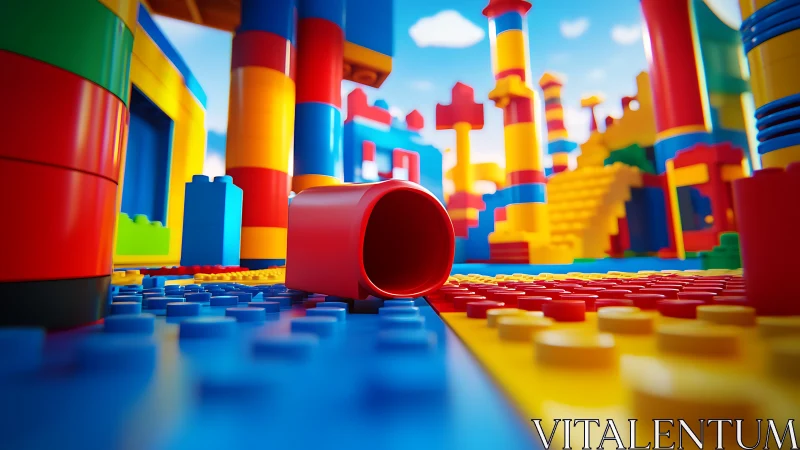 Colorful plastic building blocks city in close-up focus.