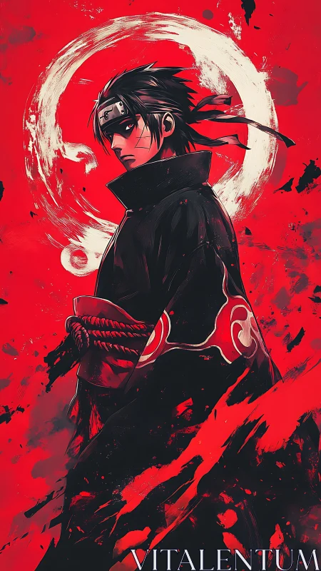 Crimson cloaked shinobi against enso vortex background.