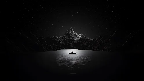 Silent night crossing on a starlit mountain lake.