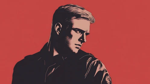 Graphic novel style male portrait on red negative space field.