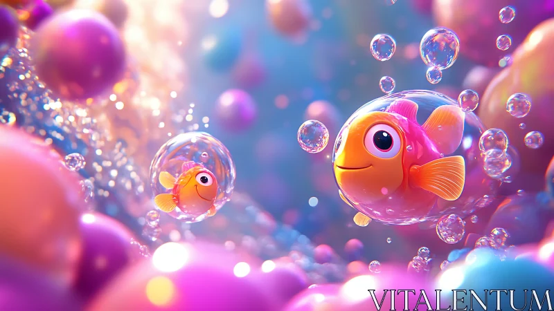 3D stylized tropical fish in iridescent bubble environment.