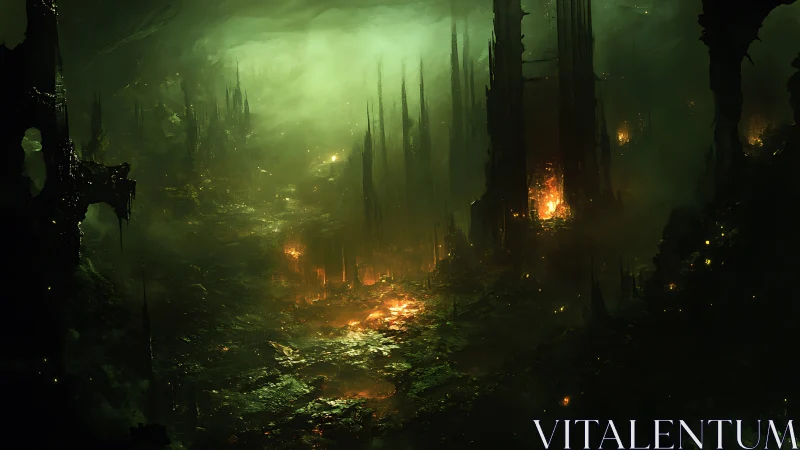 Subterranean cavern with green haze and scattered fires.