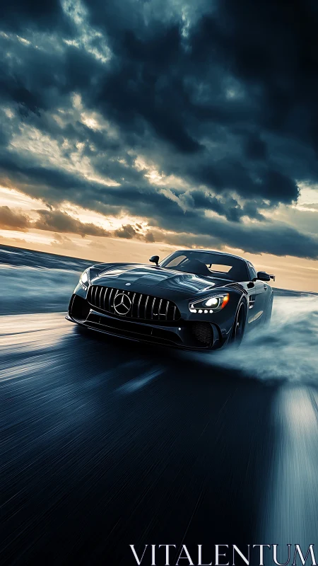 Black Mercedes sports car speeds on wet road at sunset.