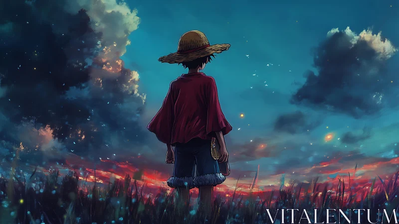 Straw hat character stands in a field under vivid sunset sky