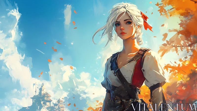 White haired heroine under vivid autumn sky, castle distant.