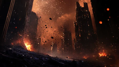 Shattered towers drift upward as a burning city exhales