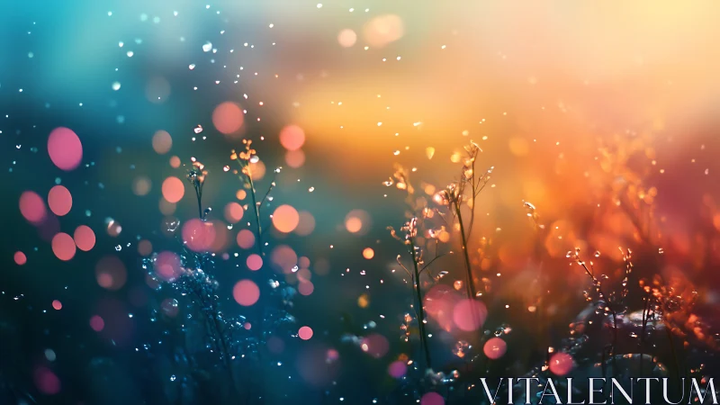 Backlit grass with colorful bokeh and suspended droplets.