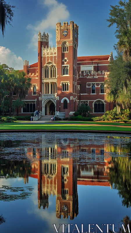 Sunlit campus tower rises calmly above a reflective pond