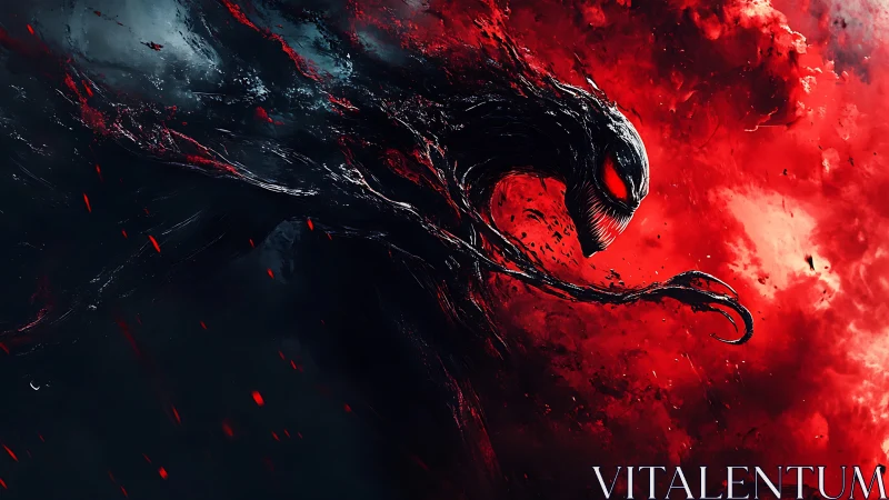 Velvet storm creature emerging through crimson chaos.