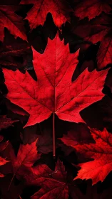 Scarlet maple leaf glows against shadowed autumn layers.