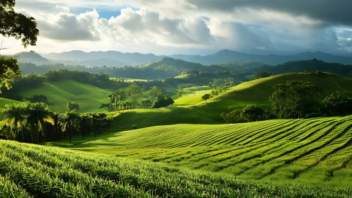 Sunlit green hills and cultivated fields under heavy clouds.