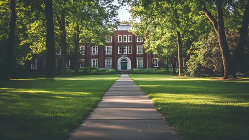 Red brick campus hall framed by sunlit green trees.