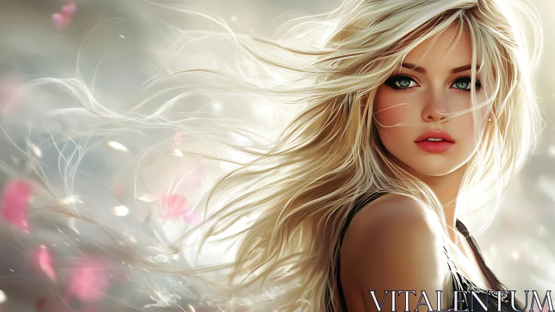 Wind-tossed blonde muse with emerald eyes in glowing bloom.