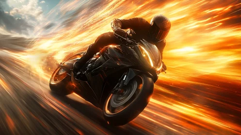 Supersport motorcycle leaning through fiery motion streaks
