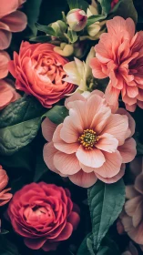 Pink and coral garden flowers with dense petal arrangements