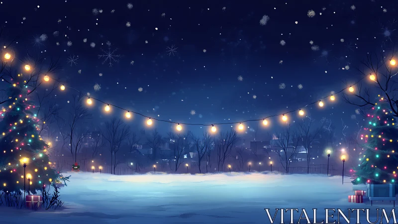 Snowy city park under glowing Christmas garlands at night.