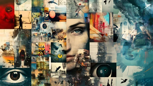 Fragmented surreal portrait within abstract urban collage.