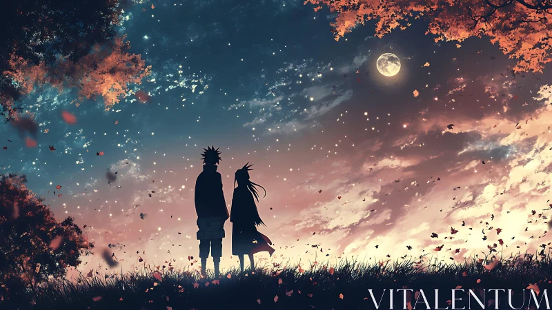 Silhouetted figures stand beneath a starry dusk sky with moon