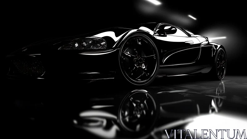 Black sports car in low key studio with reflective floor.