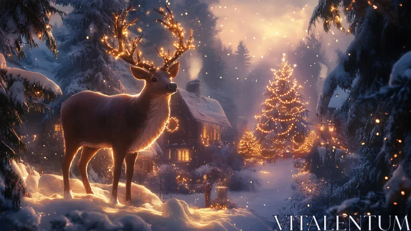 Enchanted winter reindeer before glowing Christmas cottage.