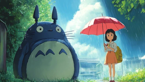 Gentle forest spirit and girl sharing a quiet rainy moment.