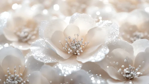 Macro view shows clustered white blossoms with reflective details