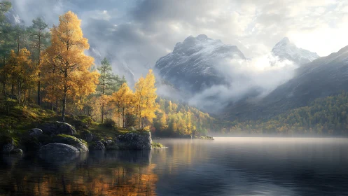 Lake of burning autumn trees beneath whispering mountains.