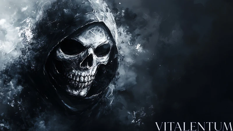 Shrouded skull in stormy shadows, grinning through the dark.